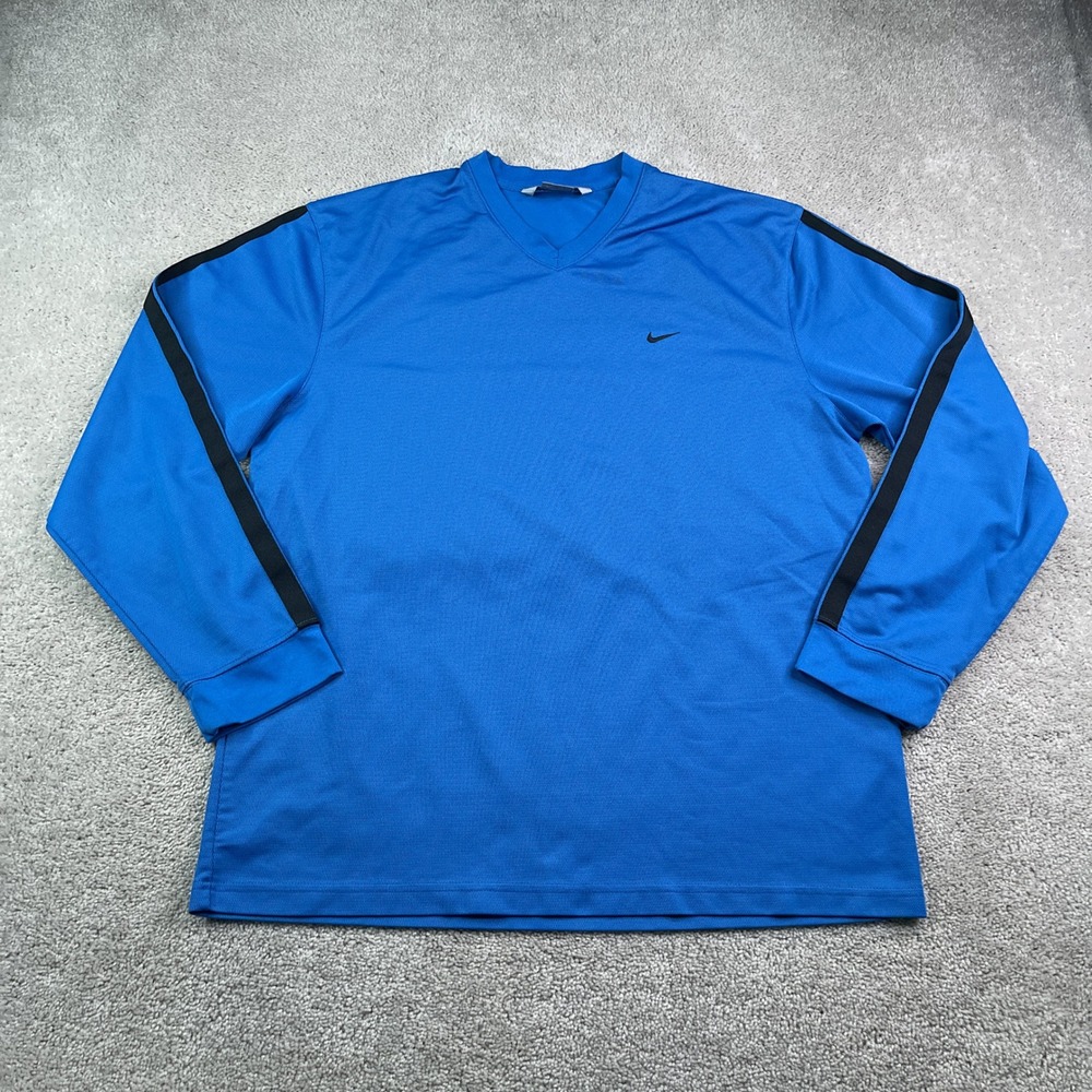 Vintage Nike Shirt Mens XL Blue Long Sleeve V Neck Side Stripe Performance Gym